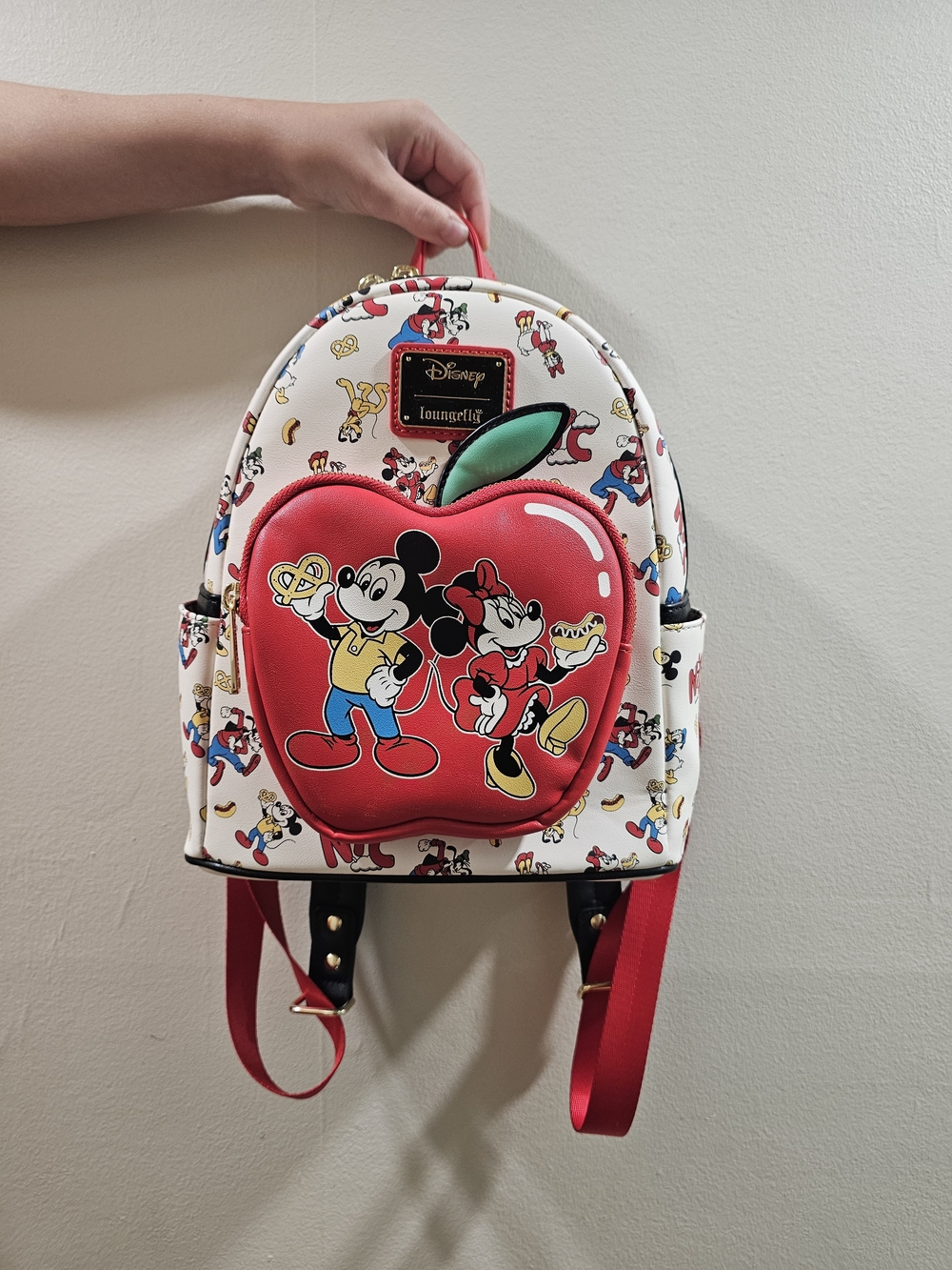 Loungefly White Mini Backpack with Red Apple Mickey & Minnie